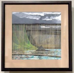 Kualoa Timelapse by Craig Kagawa in collaboration with Ruth Light; Watercolor and pastel on vellum and illustration board, with thin yarn supported by stainless steel and or fiberglass in aluminum frame