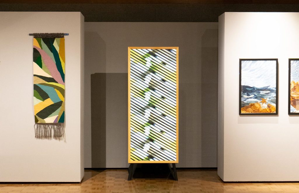Warp & Weft by Brian Black; Computer-generated animation, recorded onto motion picture film. Then, printed film is laid out and mounted onto a custom-built light box for display