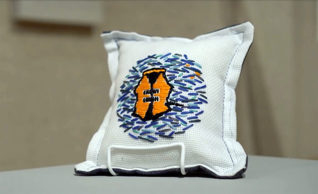 While You Were Resting by Reem Bassous; Hand embroidery, machine sewing, emergency blanket