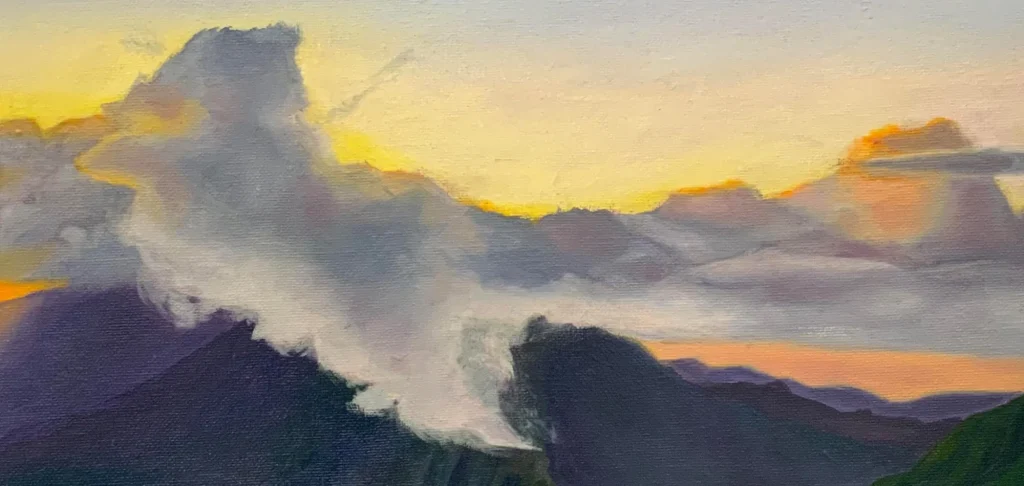 Painting of the Ko‘olau mountains covered in clouds with an orange sunset sky.